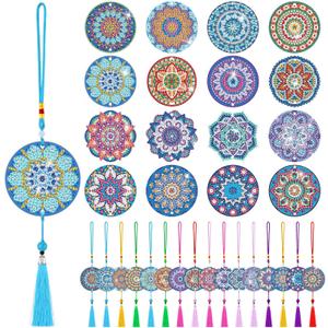 Saillong 16 Pcs Diamond Art Car Ornaments Mandala Diamond Painting Kit Ornament for Car Hanging Suncatchers Charm for Rear View Mirror Double Sided Painting Crystal Gem Garden Decoration Paint DIY Kit