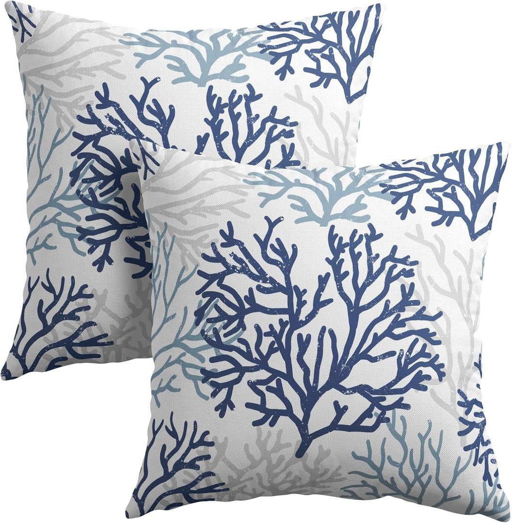 Blue and White Coral Throw Pillow Covers 16x16 Set of 2 Summer Beach Light Blue Gray Cushion Case Cotton Linen Square Sea Coral Tree Throw Pillows Case for Holidays Party Sofa Couch Bed Bench Outdoor