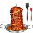 Al Pastor Skewer for Grill, Extra Large 13 Inch Gyro Pan with Fat Separator, Brazilian Spit Stand with 5 Spikes & 1 Brush, Stainless Steel Vertical Sticks for Shawarma, Chicken on Smoker Oven