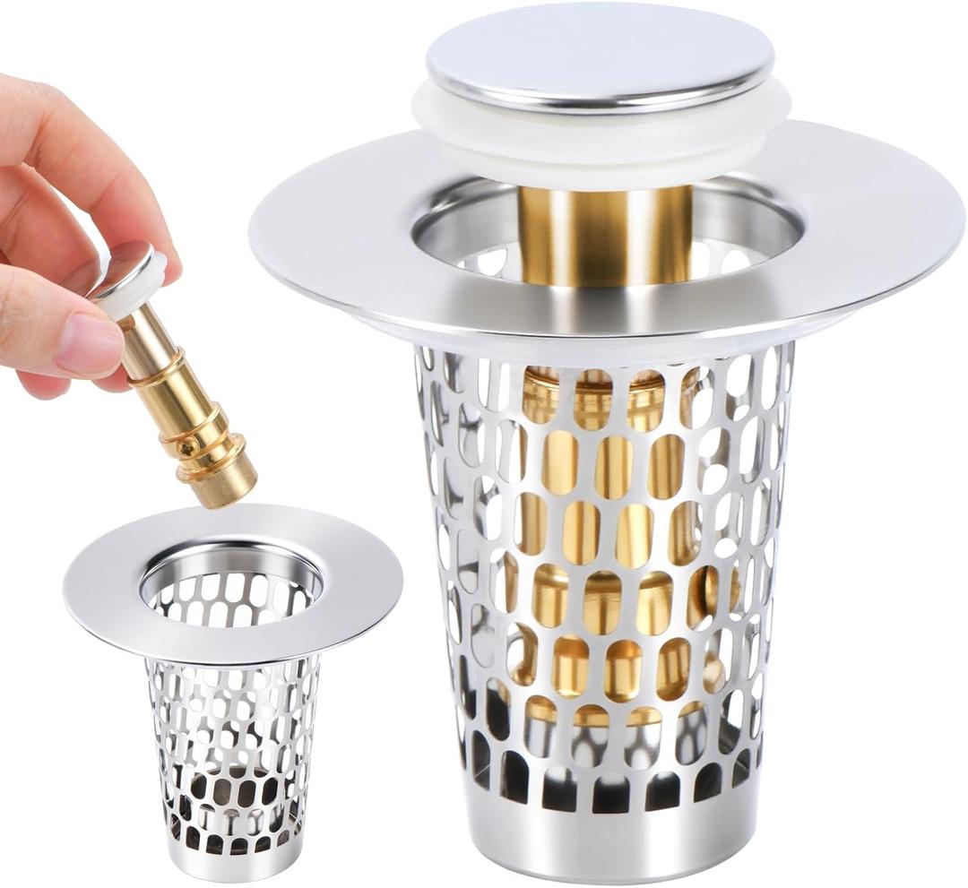 3 x Bathroom Sink Drain Stoppers with Hair Catcher for 1.15-1.3 in,Universal Pop Up Filter Stainless Steel Sink Drain Stopper Anteecana