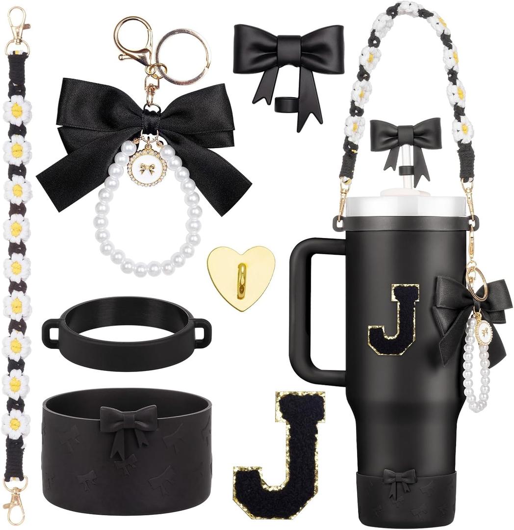 7Pcs Black Stanley Cup Accessories for 40Oz 30Oz 20Oz, Women Teen Girls Gifts, Stanley Tumbler Cup Decoration with Straw Topper, Bow Charm, Silicone Boot, Handle Strap, Letter Sticker J