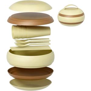 Camping Dishes Picnic Set, Camping Plates Cups and Bowls Set with Chopsticks and Spoons, BPA Free, 17PCS Portable Plastic Reusable Cutlery Set for 4, Portable Small Size, Not Microwave/Dishwasher Safe