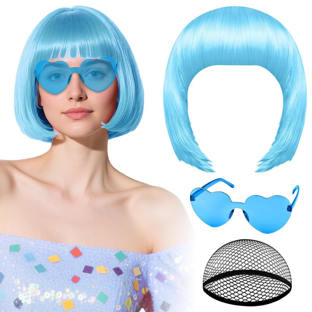 PLULON Light Blue Bob Wig with Heart Sunglasses and Hair Cap, Colorful Short Bob Wigs Synthetic Party Wigs Funny Cosplay Hairpieces for Women Men Daily Bachelorette Halloween Costume Party Decorations