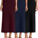 Huukeay 3 Pack Long Maxi Skirts for Women, Back Slit Ankle Length Casual Skirts Elastic Waist Soft Pencil Skirts with Pockets (Medium, Black, Navy Blue, Wine Red)