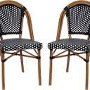 Flash Furniture Bordeaux Set of 2 Indoor/Outdoor Commercial Bistro Stack Chairs - Black/White PE Rattan Back and Seat - Natural Bamboo Print Aluminum Frame