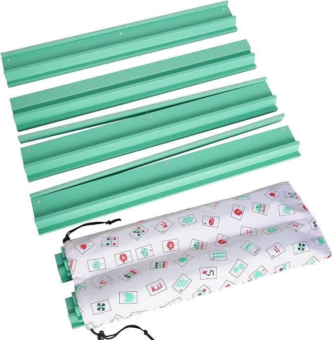 LUMIVIA Mahjong Racks with Pushers, Green Wooden American Mahjong Tile Pushers and Racks Set of 4, with White Printed Mahjong Racks Drawstring Bag, Mahjong Accessories (19.68 Inches)