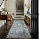 Dark Blue 2x6 Runner Rug for Hallway Low Pile Retro Rugs Non Slip Washable
