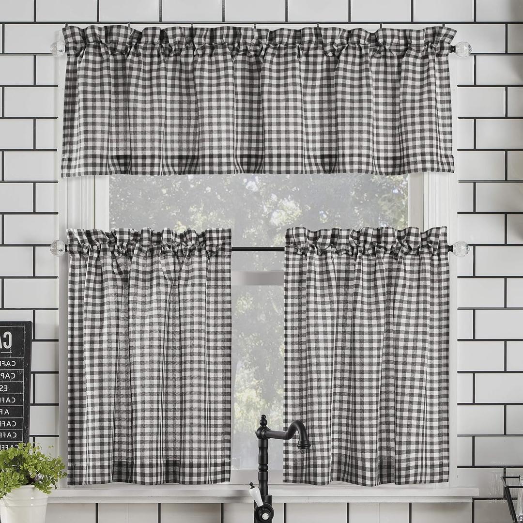 No. 918 Parkham Farmhouse Plaid Semi-Sheer Rod Pocket Kitchen Curtain Valance and Tiers Set, 54" x 24", Black/White