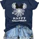 MNLYBABY Happy Halloween Shirt Women Magical Halloween Shirts Funny Spider Web Graphic Shirts Spooky Season Short Sleeve Tops (Medium, Dark Blue-2)