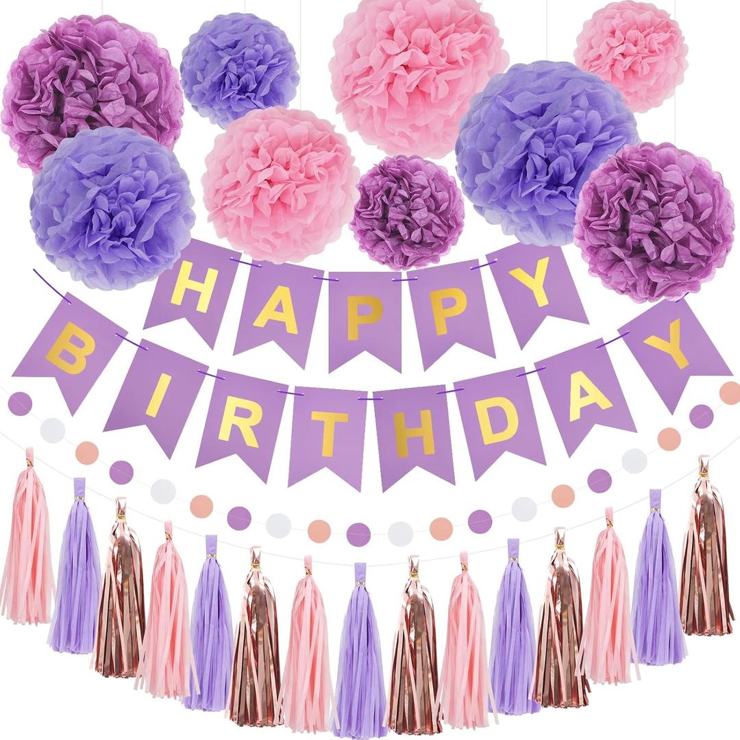 RUBFAC Purple Pink Birthday Party Decorations Set With Happy Birthday Banner, Tissue Paper Pompoms, Tassel Garland, and Circle Dots Garland for Women Girls