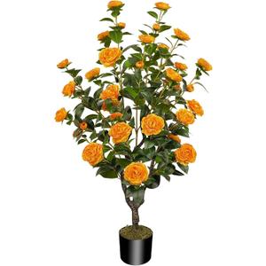 43.3"/3.6FT Artificial Tree with Camellia Flowers Fake Fall Tree with 32 Blooming Flowers Orange Tree for Autumn Home Front Door Outdoor Indoor Decor (Including Dried Moss)