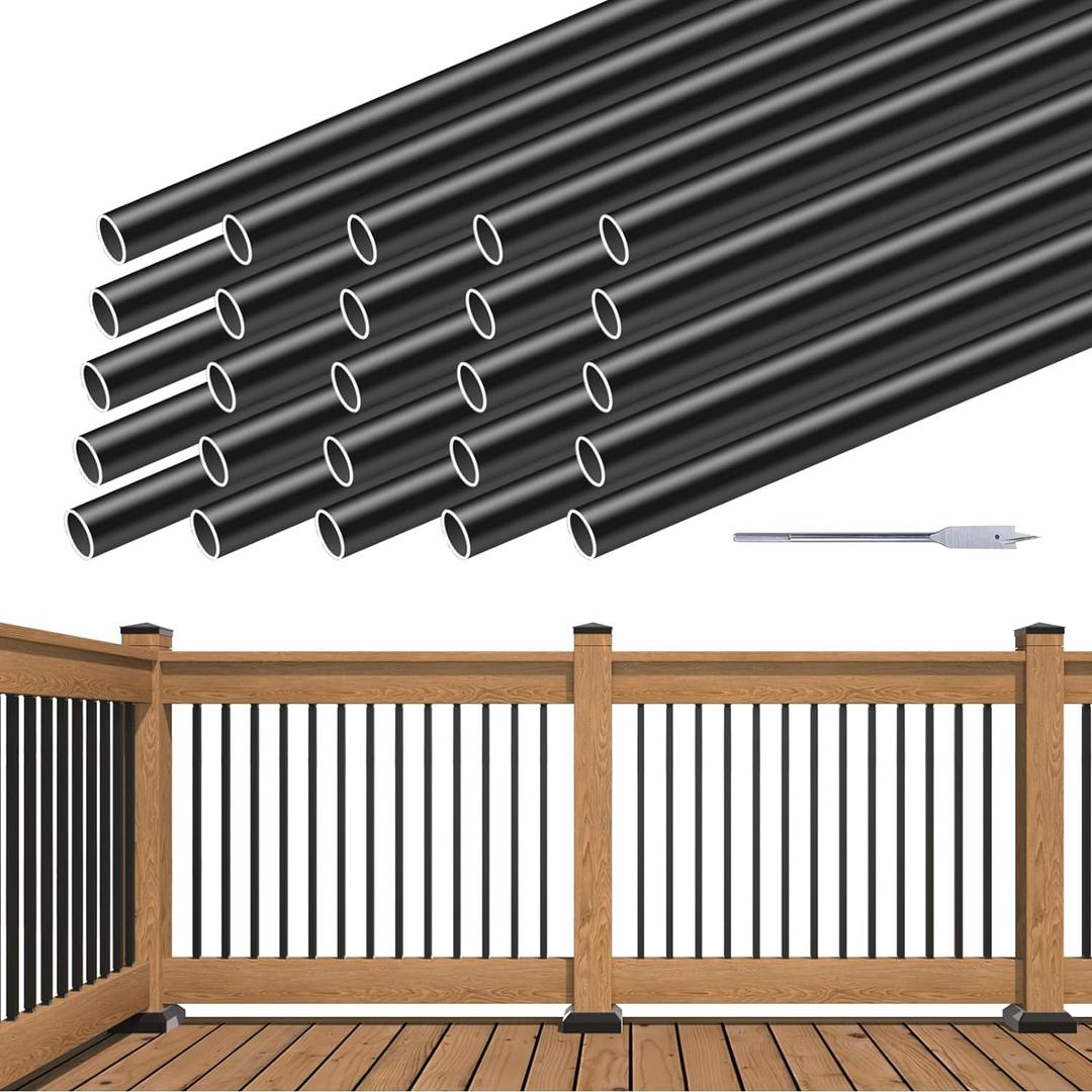 Muzata 25Pack 32" Aluminum Deck Balusters Round Black Deck Railing Stair Porch Staircase Spindles 3/4" Diameter Hollow for Railing Fencing Porch Stair WT15