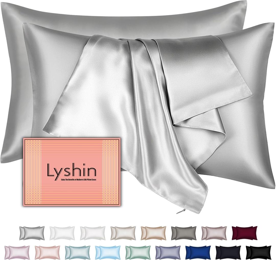 Silk Pillow Cases 2 Pack Standard Size with Hidden Zipper, Mulberry Silk Pillowcase for Hair and Skin, Smooth and Soft Breathable Cooling Silk Satin Pillowcase Set of 2, Gifts for WomenLight Grey