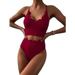ZAFUL Scalloped Swimsuits for Women High Waisted Bikini Sets Padded Tummy Control 2 Piece Swimwears (Medium)