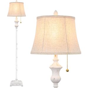 TOBUSA Rustic Vintage White Floor Lamp for Living Room Bedroom, 64inch Traditional Tall Floor Lamp with White Linen Shade, Retro LED Standing Pole Lamp Upright Floor Light for Home Decor, Pull Chain