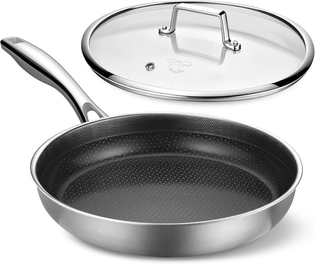 PekGema Hybird Nonstick Frying Pan with Lid 12 inch, Stainless Steel Skillet, Ceramic Non-stick Oven-Safe Chef Pan, Induction Ready, PFOA PFAS FREE Cookware