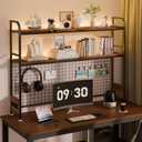 2-Tier Desktop Hutch Bookshelf with LED Light Strip & Power Outlet,Metal Grid Panel, Countertop Storage Rack for Office & Dorm, Space-Saving Desk Organizer for Monitor, Books & Decor, Black, 37.4 Inch