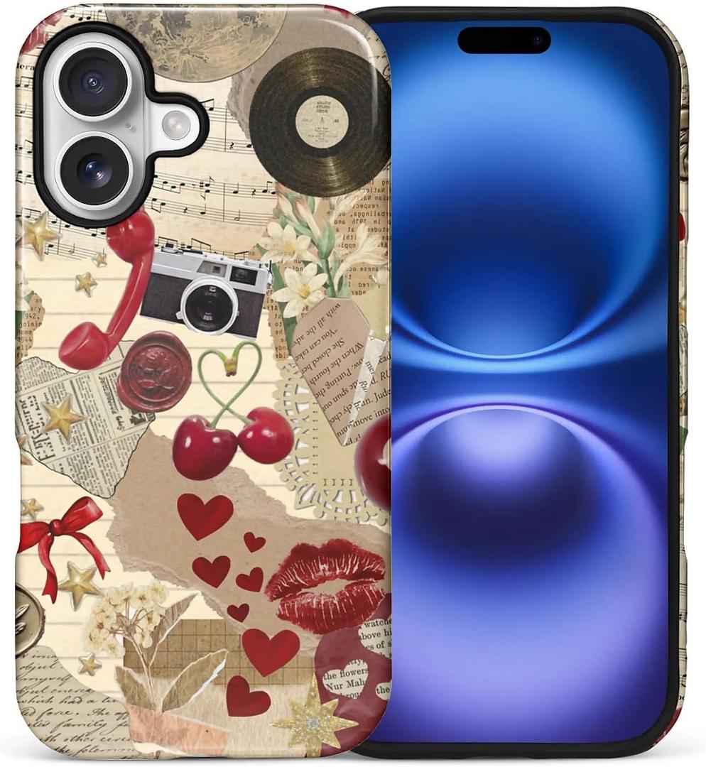 Case for iPhone 17,Scratch Resistant Hybrid Double Layer Hard Shell，Vintage Cherry Coquette Collage