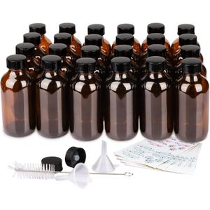 24 Pack 4 oz Amber Glass Bottles, 120ml Boston Round Sample Bottles with Black Poly Cone Caps, Labels, Funnels and Brush