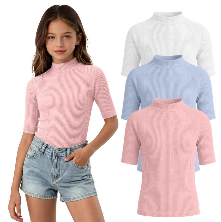 LessonZoo 3 Pack Girls' Shirts Teen Summer Tops Mock Turtleneck Slim Fit Ribbed Half Sleeve Fashion Tees Kids Clothes Trendy(Light Pink, Light Blue, White,11-12 Years