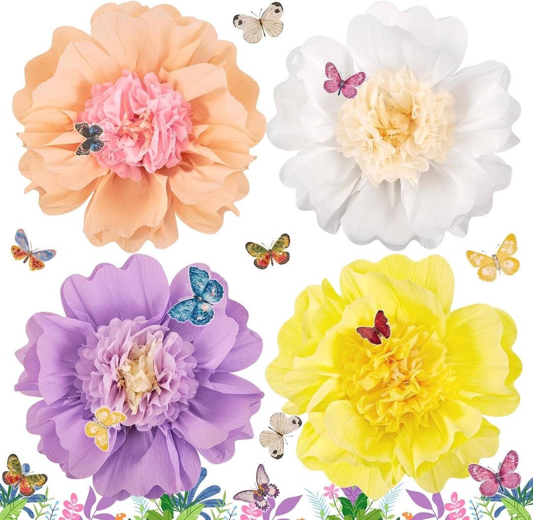 SUNBEAUTY Pastel Paper Flower Butterfly Decorations 20'' Giant Crepe Flowers Large Tissue Paper Flowers Decorations 3D Paper Butterfly for Wall Birthday Spring Wedding Backdrop Bridal Shower Classroom