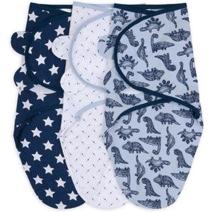 The Peanutshell Baby Swaddle Blankets Set of 3 - Baby Boy Sleep Sack for Newborn, Newborns Sack 0-3, 3-6 Month Swaddles, Soft & Breathable Cotton - Blue Dinosaur (M/L)