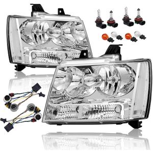 APSVE Headlights Assembly w/Bulbs & Wiring Harness compatible with 2007-2014 Chevy Tahoe Suburban/ 2007-2013 Chevy Avalanche, Chrome Housing Clear