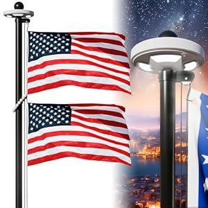 Exquimac 25FT Heavy Duty Flag Pole with Solar Light 11 Gauge Aluminum FlagPole Kit for Outside 100MPH Wind Tested, Includes 2PCS 3x5 Embroidered Stars US Flag for Outdoor Use