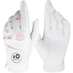 FINGER TEN Womens Leather Golf Glove with Ball Marker Ladies Gloves Left Right Handed Golfer Extra Grip 1 Pack, Left Right Hand Pink Fit Woman Girl, Size Small Medium Large XL