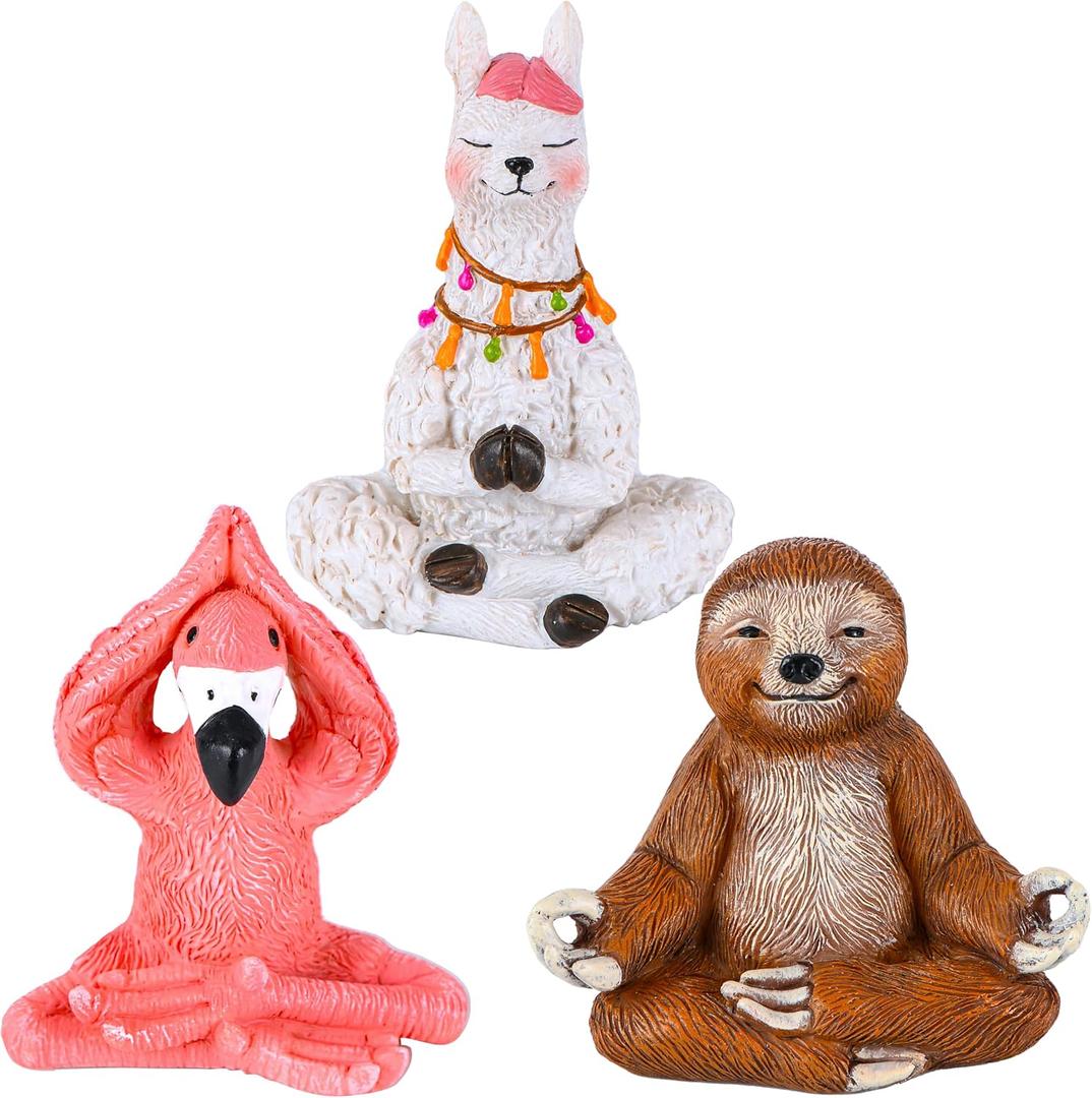 Mood Lab Garden Figurines - Flamingo, Llama & Sloth Set (3 pcs) in Yoga Meditation Pose - Miniature Decorative Statues - Outdoor & Indoor Decor