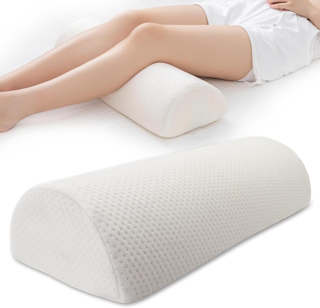 Half Moon Bolster Knee Pillow, Back Pain Relief Memory Foam Leg Pillow, Semi Roll Round Lumbar Leg Wedge for Side Sleepers - Reducing Head Neck Spine Hip Pressure - L (20.5" x 8" x 4.5", White)
