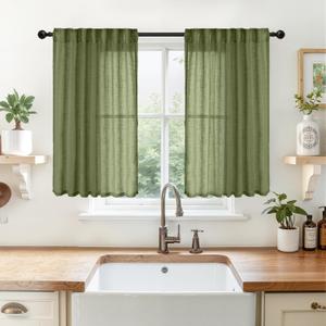 YoungsTex Olive Green Linen Curtains 40 Inch Length - Short Light Filtering Drapes Semi Sheer with Back Tab Rod Pocket for Bathroom Kitchen Window, 2 Panels, 42 X 40 Inch