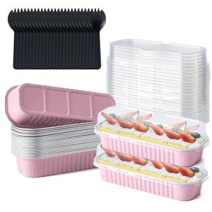 Husfunov 25 Pack Mini Cake Pans with Lids and Spoons, Small Aluminum Foil Loaf Pans, Rectangular Baking Containers for Party and Picnics, 6.8oz (Pink)