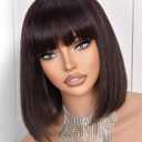 Bob Wigs Human Hair 210% Density bob Wig with Bangs Dark Brown 100% Human Hair Wigs for Black Women Pre-Bleached Glueless Straight Bob Wigs(10InchDark Brown wig)