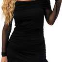 BDUCK+ Women's Off Shoulder Bodycon Mini Dress Mesh Long Sleeve Ruched Ruffle Hem Cocktail Party Dress for Club Date Night L