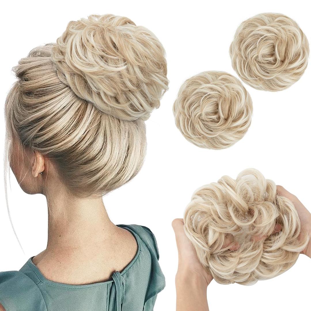 SARLA 2PCS Messy Hair Bun Hair Pieces Wavy Curly Synthetic Updo Fake Scrunchies Ponytail Extension for Women Cream Blonde