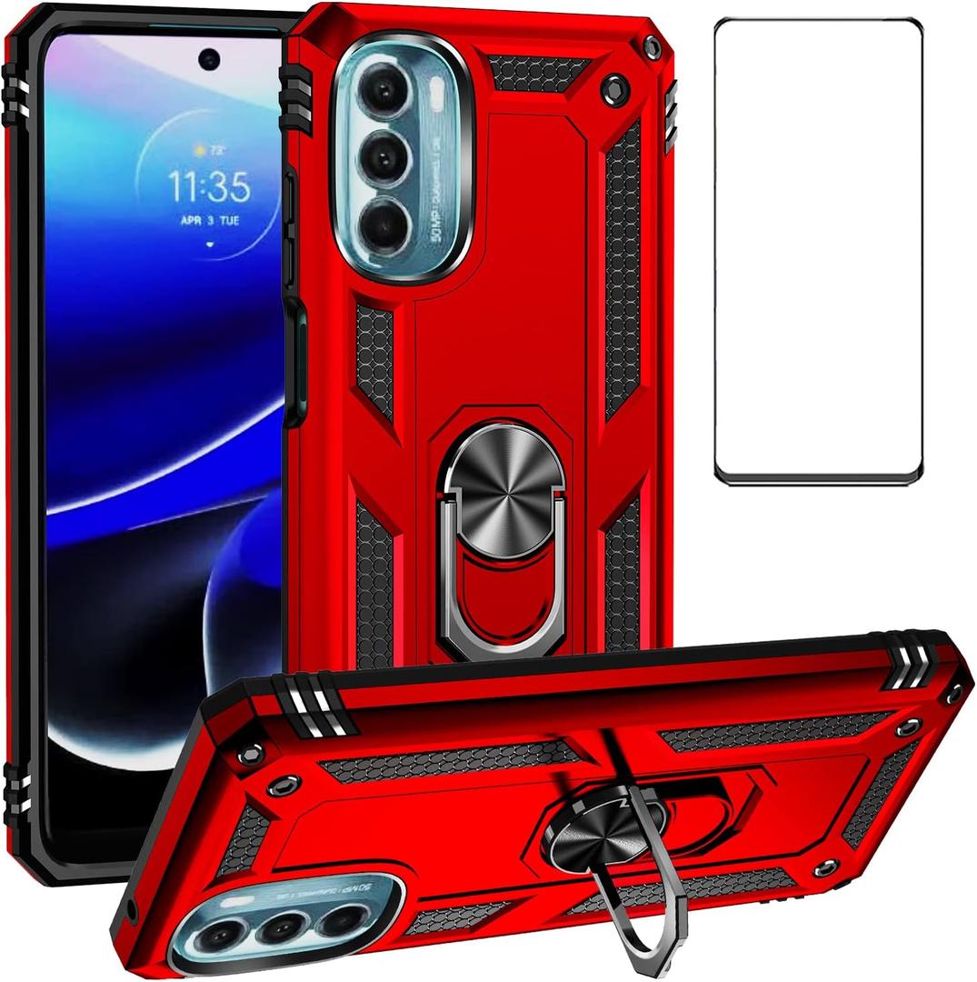 for Motorola G 5G 2022 Case with Screen Protector,Ring Kickstand Heavy Duty Dual Layer Shockproof Military Grade Drop Proof Soft Touch Cover for Motorola G 5G 2022 Phone Case (Red)