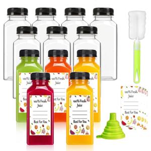 Plastic Juice Bottles with Caps 12 pcs, 12oz Reusable Juice Containers with Tamper Proof Lids Black, Clear Bottles for Juicing, Milk, Smoothie, Drinking, and Other Beverages Christmas Gifts
