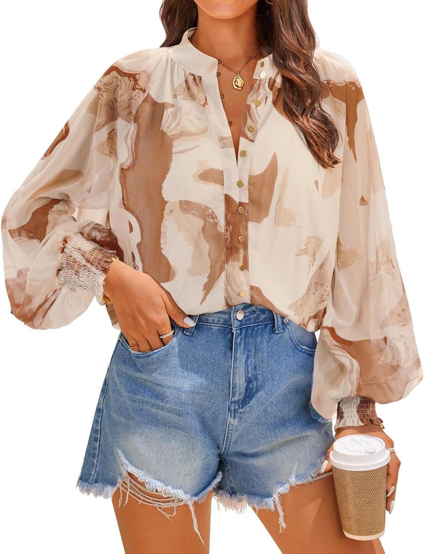 ZESICA Women's Floral Print Blouse 2025 Long Sleeve Button Down Casual Fall Boho Oversized Tops Shirts, Brown, Small