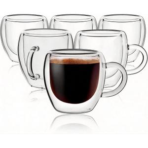 2.5oz Espresso Cups Set of 6, Small Expresso Coffee Cup, Expresso Shot Glass with Handle, Double Wall Insulated Espresso Mugs,Tazas de Cafe Expreso, Fit for Espresso Machine Accessories, Clear