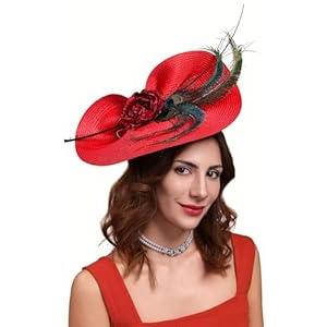 Cizoe Fascinators for Women Derby Headpiece Tea Party Hats with Veil Wedding Headware Bridal Headpiece(Red)