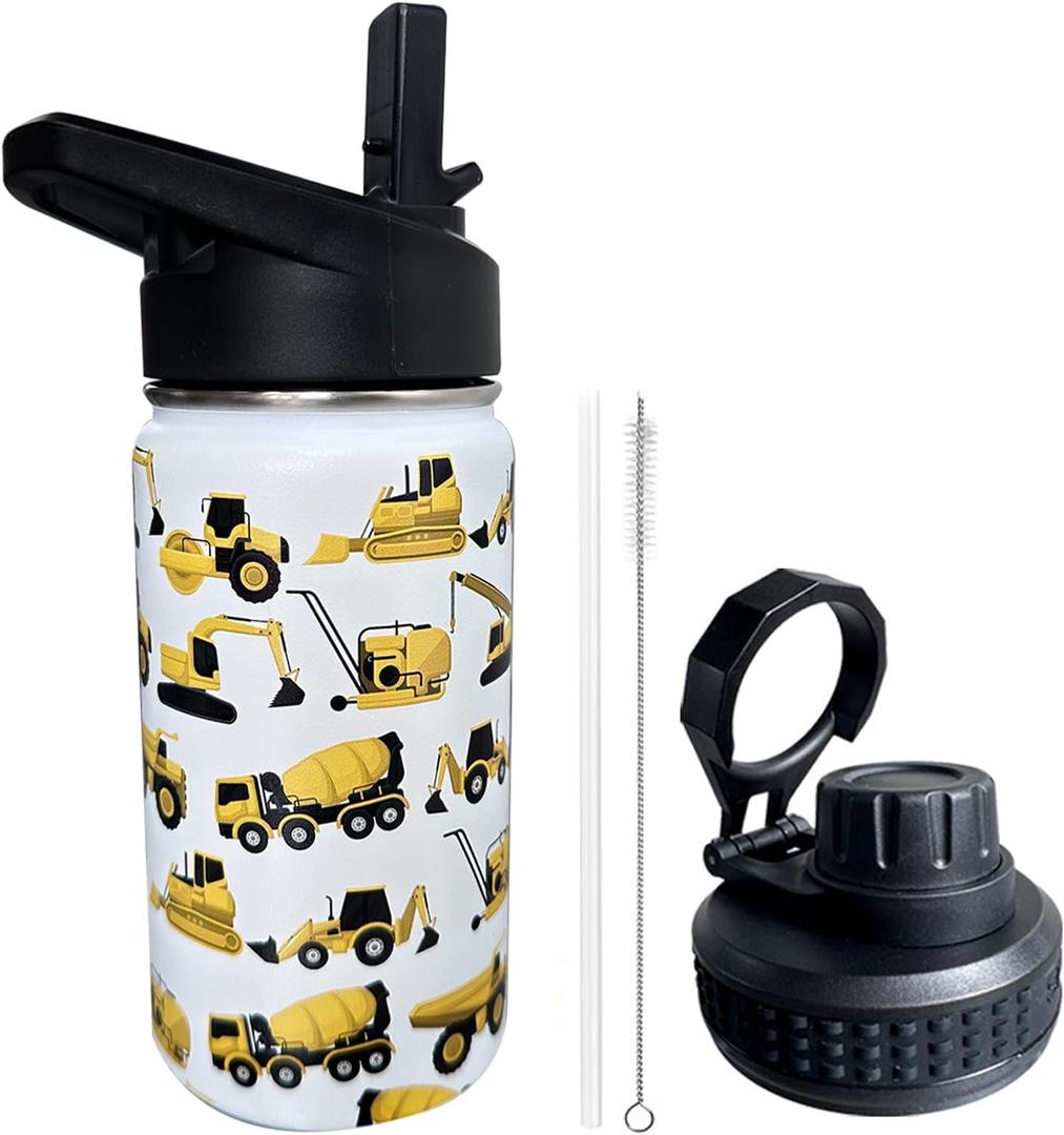 Construction Truck Excavator Bulldozer Kids Water Bottle for School with Straw Lid,12oz Stainless Steel Insulated Water Bottle for Boys & Girls, Leak Proof Lid with Handle & Touch Free Spout (A01)