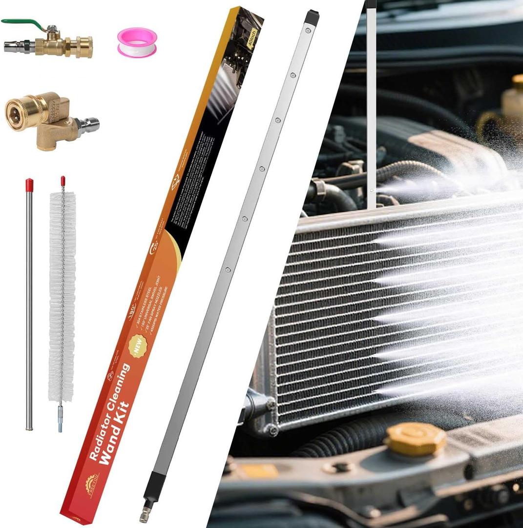 40" Radiator Cleaning Wand for Car,Truck and Other Vehicles,Water and Air Dual-Use 4500 PSI Pressure Washer Tool With 25 Fan Nozzles,2 Connectors,Cleaning Brush,and Sealing Tape