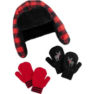 Simple Joys by Carter's Baby Hat and Mitten Set (2-5T, Black Red Buffalo Check)