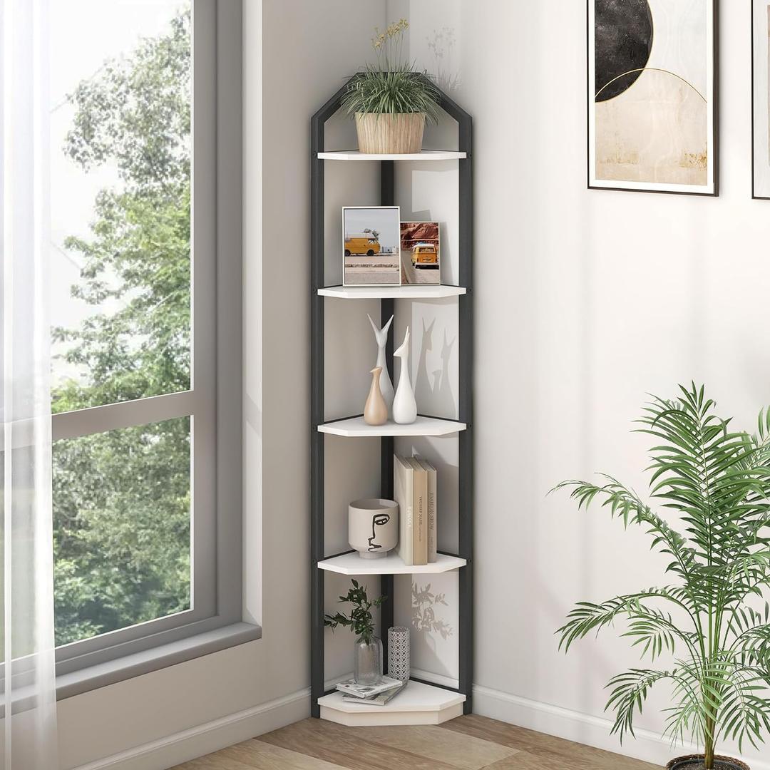 Fun Memories 5 Tier Corner Shelf, 70 Corner Shelf Stand, Corner Bookshelf Plant Stand, Storage Shelf for Bathroom, Living Room, Kitchen,Home Office, White