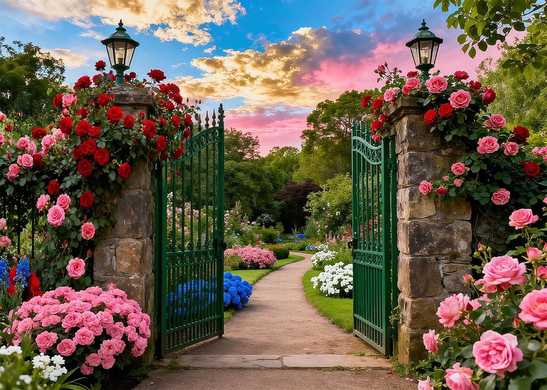 7x5FT Spring Summer Garden Backdrop Floral Nature Landscape Blooming Flowers Green Classical Door Background for Spring Birthday Party Wedding Baby Shower Decoration Vinyl