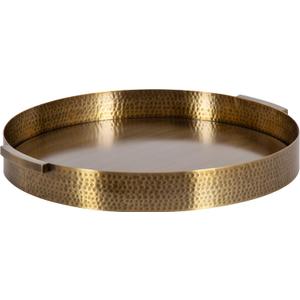 Kate and Laurel Samana Modern Glam Round Metal Tray; 17 Inch Diameter; Antique Brass; Circular Polished Decorative Tray with Hammered Surface and Minimalist Handles