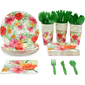 BLUE PANDA 144-Piece Tropical Party Supplies - Hawaiian Dinnerware Set with Plates, Napkins, Hawaiian Cups, and Cutlery (Serves 24)