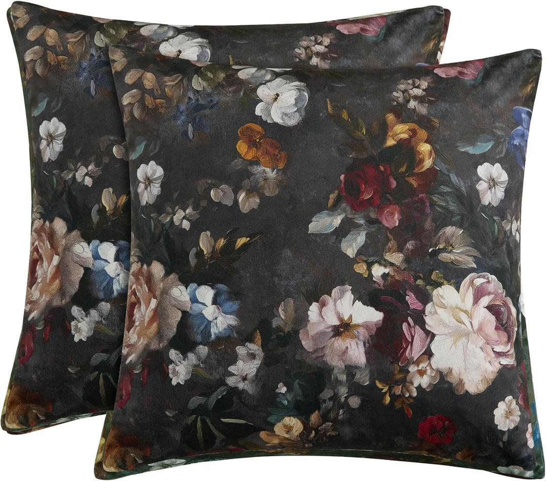 StangH Vintage Floral Throw Covers Pack of 2, Super Soft 18x18 inch Velvet Decorative Square Cushion Covers Blossom Oil Painting Boho Classic Home Decor for Living Room Sofa, Charcoal