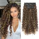 Clip in Hair Extensions, FLUFYMOOZ 4PC 100 Pure Protein Silk Hair Extensions Long Soft Natural Hairpiece 20 Inch Curly Hair Extension for Women (Dark Golden Brown with Highlight)